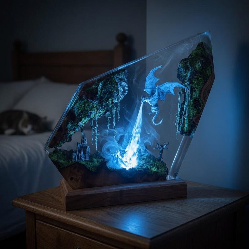 Fire Breathing Dragon Resin Lamp, Epoxy Dragon Lamp, Fantasy Dragon Light, Dragon Statue Night Light, Gaming Room Decor, Unique Gift for Him